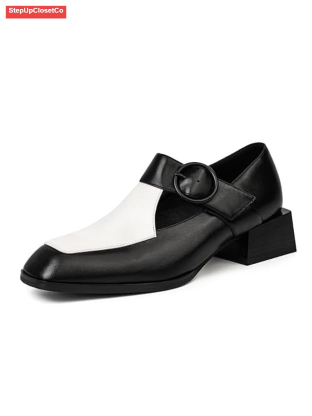 Faux Leather Mary Jane Low Block Heel Square Toe Loafers with Buckle Strap
